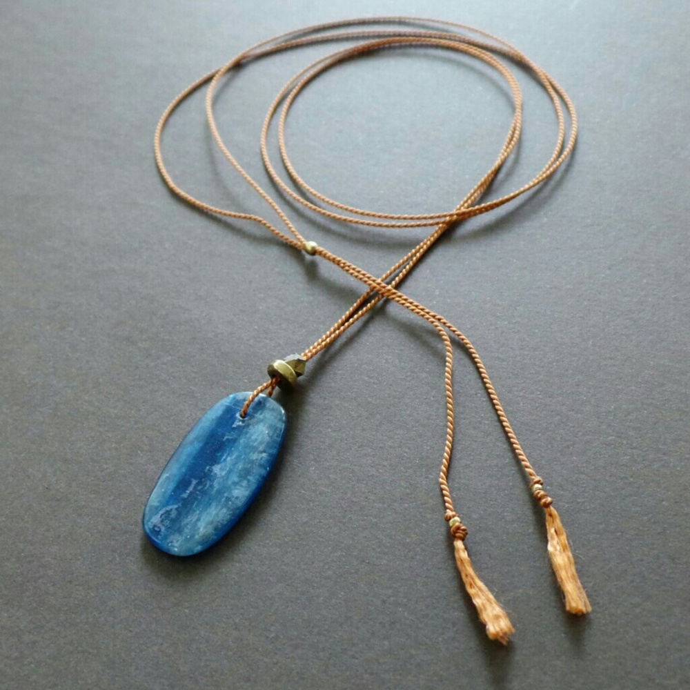 Blue Kyanite Slab Pendant Silk Long Neckla…